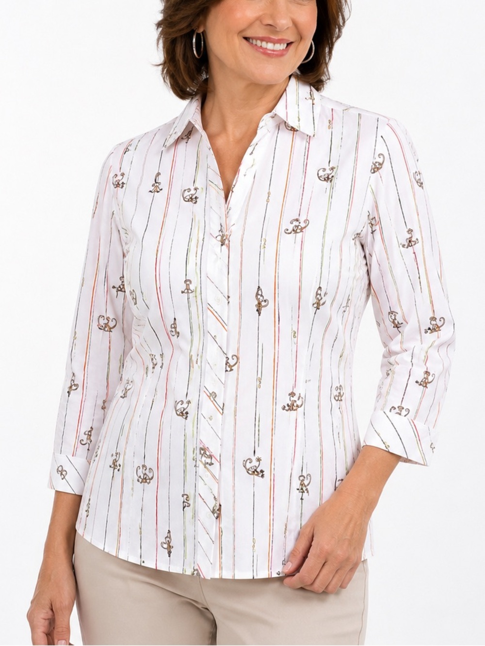Chico’s‎ Monkey Print Button Front Shirt 3/4 Sleeve Stretch Size 0 Small Novelty
